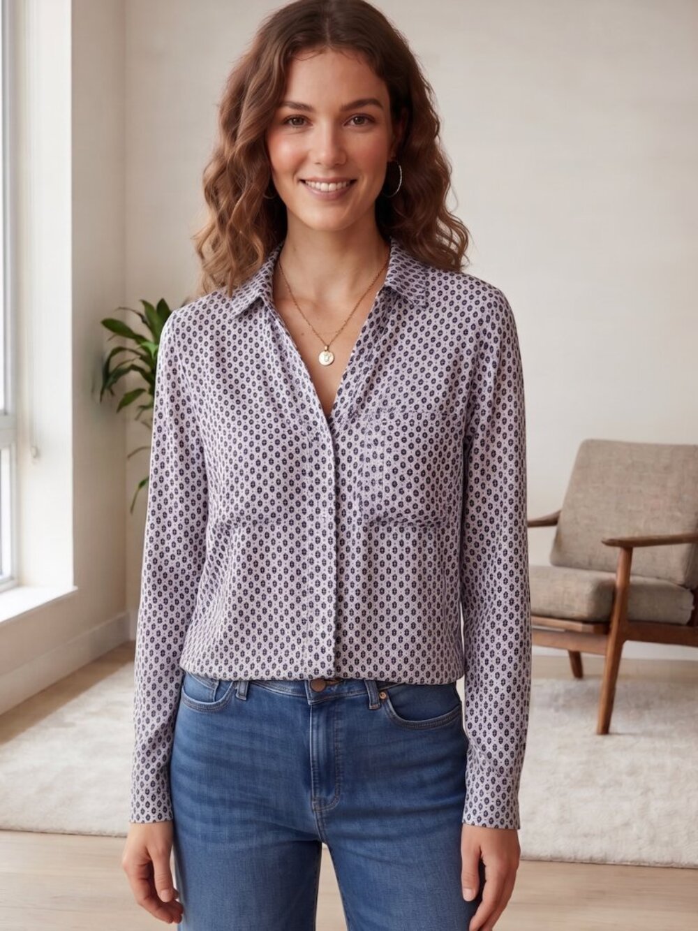 Bella Dahl Navy & White Abstract Print Button-Down Shirt – S- MSRP $130